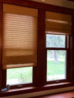 Dark wood window trim and blinds? Dark Wood Window Trim, Dark Wood Blinds, Dark Window Treatments, Wood Window Trim, Wood Window Treatments, Windows With Blinds, White Roller Blinds, Dark Wood Trim, Dark Window