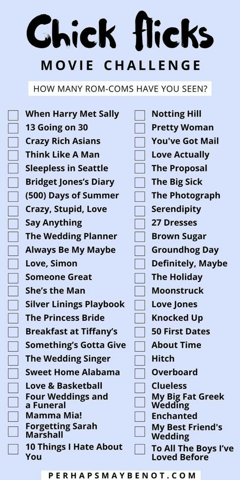 Romcom Movies List, Chick Flick Movies, Netflix Movie List, Movie Challenge, Girls Night Movies, Best Romantic Comedies, Rom Coms, Movies To Watch Teenagers, Movie Hacks