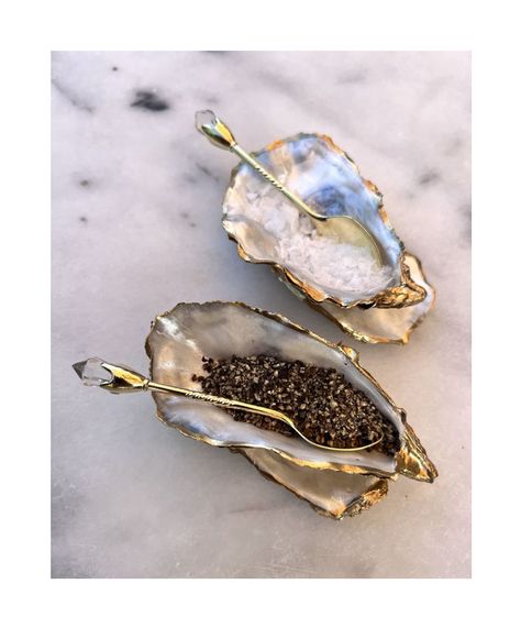 Oyster Salt And Pepper, Oyster Shell Decor, Crafts With Seashells, Coastal Picnic, Oyster Dishes, Oyster Design, Oyster Party, Pepper Dishes, Pearl Wedding Decorations