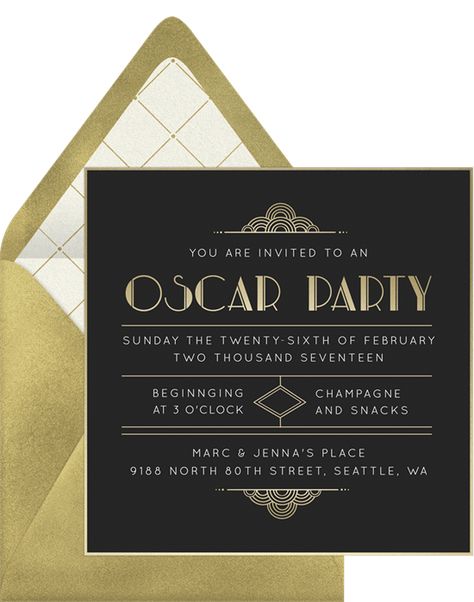 Oscar Party Invitations, Hollywood Party Invitations, Oscars Aesthetic, Hollywood Glamour Party, Actor And Actress, Gala Invitation, Art Deco Invitations, Glamour Party, Casino Party Foods