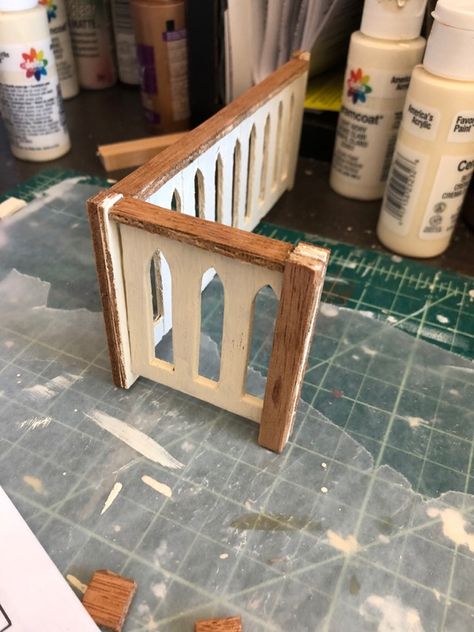 Dollhouse Railing Diy, Dollhouse Balcony Railing Diy, Window Trim Interior, Painted Lady Dollhouse, Bay Window Trim, Staircase Bannister, Mini Stairs, Dollhouse Staircase, Carpenter Gothic