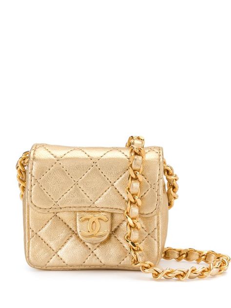 Chanel Pre-Owned 1990s diamond-quilted mini bag gold 1774170 - Farfetch Chanel Flap Bag, Gold Chanel, Gold Bag, Shopping Chanel, Mini Shoulder Bag, Diamond Quilt, Quilted Leather, Vintage Bags, Flap Bag