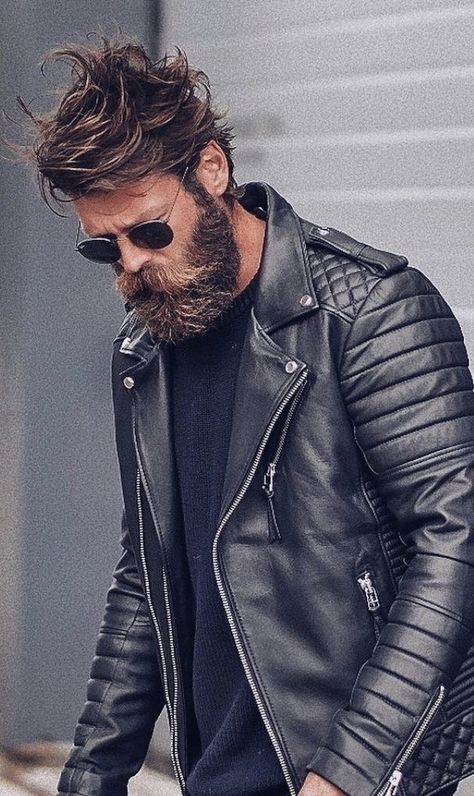 Badass Beard, Long Beard Styles, Leather Jacket Mens, Mustache Styles, Best Beard Styles, Leather Jacket Men Style, Epic Beard, Biker Leather Jacket, Beard Hairstyle