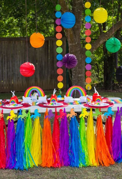 Lots of simple ideas for a rainbow unicorn birthday pool party! #unicornparty #rainbowparty #unicornbirthday Rainbow Themed Party, Unicorn Pool Party, Rainbow Birthday Party Decorations, Rainbow Unicorn Birthday Party, Rainbow Themed Birthday Party, Holi Party, Rainbow First Birthday, Rainbow Party Decorations, Rainbow Unicorn Party