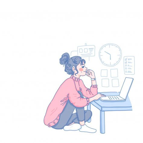 Girl work from home | Premium Vector #Freepik #vector #computer Work From Home Illustration Art, Computer Illustration Design, Work From Home Illustration, Girl Working On Laptop, Laptop Drawing, Work From Home Aesthetic, Study Illustration, Working On Computer, Work Cartoons