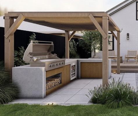 Bbq Ideas Backyard, Backyard Kitchen Ideas, Kitchen Ideas Outdoor, Bbq Backyard, Custom Outdoor Kitchen, Simple Outdoor Kitchen, Concrete Outdoor Kitchen, Covered Outdoor Kitchens, Modern Outdoor Kitchen