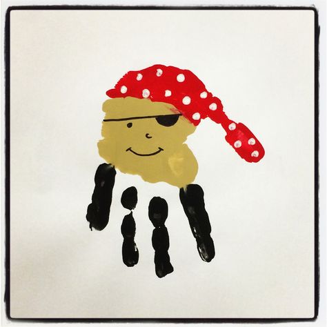 Pirate handprint Pirate Handprint Craft, Pirate Footprint Art, Pirate Handprint, Pirate Crafts Preschool, Frog Crafts Preschool, Toddler Artwork, Pirate Week, All About Me Crafts, Toddler Projects