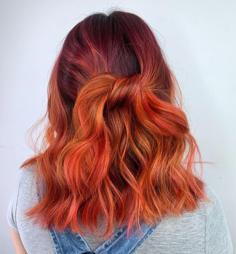 Hair Color Ideas Red Orange, Orange Shoulder Length Hair, Red Orange Purple Hair, Rust Hair Color, Red And Orange Ombre Hair, Orange And Purple Hair, Purple And Orange Hair, Red To Orange Ombre Hair, Purple Red Orange Ombre Hair