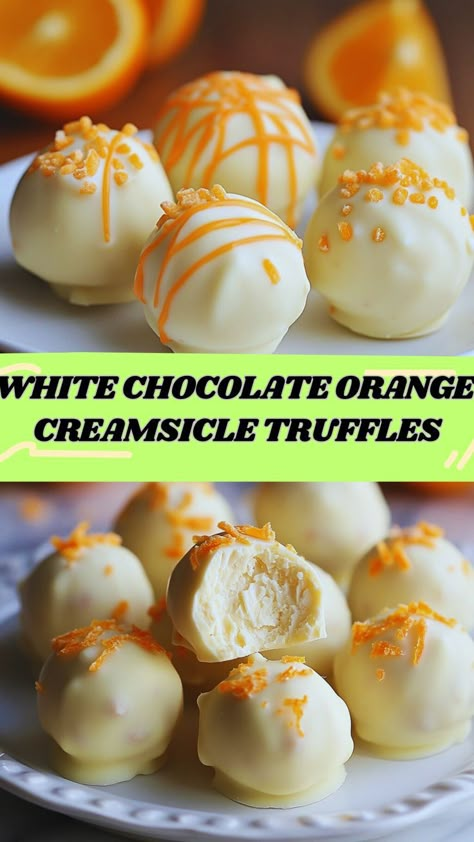 These truffles are a dreamy combination of creamy white chocolate and zesty orange flavors, inspired by the classic creamsicle treat! Perfect for holidays, gifting, or indulging, these bite-sized delights are easy to make and irresistibly delicious. With their velvety ganache center and smooth chocolate coating, they’re as elegant as they are flavorful. Save this recipe to wow your friends and family with a citrusy twist on classic truffles! 🍫🍊 #EasyDessert #TruffleRecipe #CreamsicleVibes White Chocolate Orange Truffles, Orange Creamsicle Truffles Recipe, Orange Cream Truffles, Truffle Decoration Ideas, Truffle Chocolate Recipe, Homemade Chocolate Truffles Recipe, White Chocolate Candy Recipes, Fruit Truffle, Truffles Recipe Easy