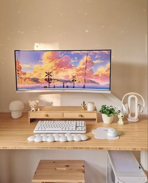 Ikea Tokabo, Monitor Stand With Drawers, Desk Inspo Aesthetic, Neutral Desk, Aesthetic Desk Setup, Curved Monitor, Small Game Rooms, Cozy Desk, Aesthetic Desk