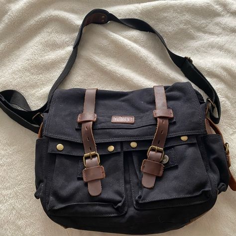 Military Messenger Bag Canvas Leather Shoulder Bag Fits Messenger Crossbody Bag, Vintage Messenger Bag Aesthetic, Messager Bags Aesthetic, Messenger Bag With Pins, Grunge Messenger Bag, Dickies Bag, Messenger Bag Aesthetic, Military Messenger Bag, Black Messenger Bag