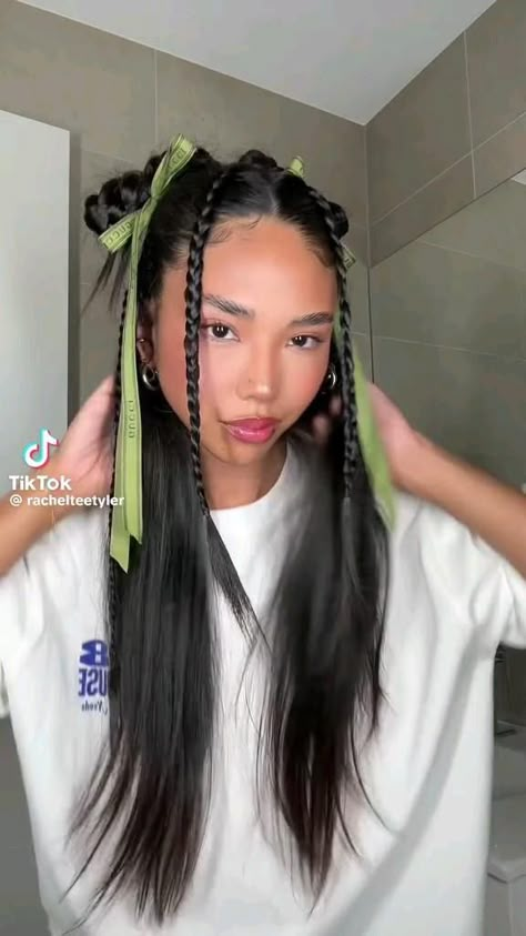 Tik Tok Creator:@rachelteetyler #bow #bowhairstyles #hairstyles #hair Cool Hairstyles With Accessories, Concert Hairstyles For Thick Hair, How To Make A Bow With Hair Hairstyles, 2000 Bandana Hairstyles, Cute Hair Styles For Concert, Half Up Half Down Hair With Black Ribbon, Neon Day Hairstyles, Hair Bow Out Of Ribbon, Hairstyle With Bow Tie