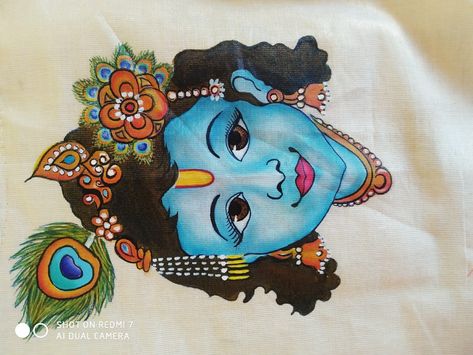 Mural Painting Kerala Krishna, Krishna Painting On Fabric, Ganpati Fabric Painting, Krishna Fabric Painting, Unique Fabric Painting Ideas, Cute Krishna Painting, Little Krishna Painting, Simple Fabric Painting Designs, Mural Krishna