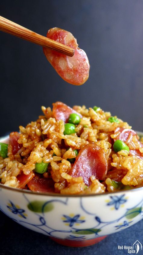 Chinese sausage fried rice (腊肠炒饭) – Red House Spice Sausage Fried Rice, Gluten Free Chinese, Chinese Bbq Pork, Chicken Spring Rolls, Chinese Sausage, Chinese Vegetables, Arroz Frito, Char Siu, Fried Rice Recipe