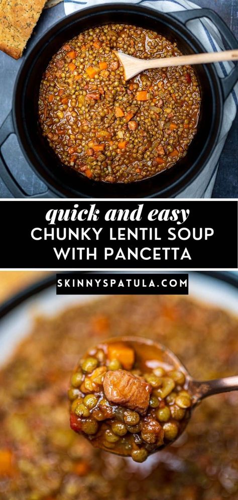 Chicken Lentil Soup, Tomato Lentils, Pancetta Recipes, Thick Stew, Chickpea And Spinach Curry, Canned Lentils, Spinach Curry, Meatless Main Dishes, Lentil Stew