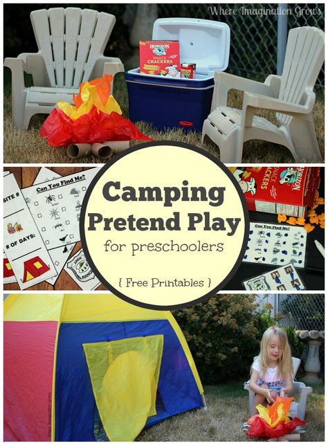 Camping pretend play ideas for preschoolers with free printables! #preschool #horizonsnacks #ad Camping Pretend Play, Play For Preschoolers, Pretend Play Ideas, Camping Dramatic Play, Camping Preschool, Camping Theme Preschool, Dramatic Play Themes, Ideas For Preschoolers, Camping Classroom