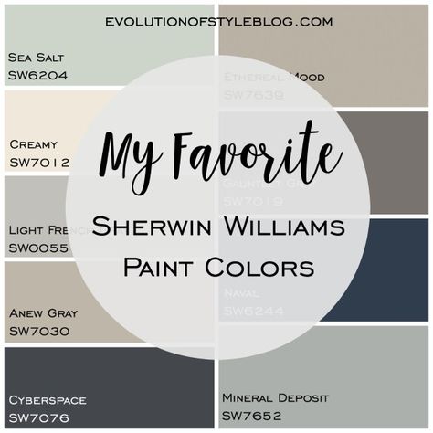 Evolution of Style - My Favorite Sherwin Williams Paint Colors Indoor Paint Colors, Anew Gray, Sherwin Williams Paint, Interior Paint Colors Schemes, Farmhouse Paint Colors, Sherwin Williams Colors, Farmhouse Paint, Paint Color Schemes, Time Stood Still