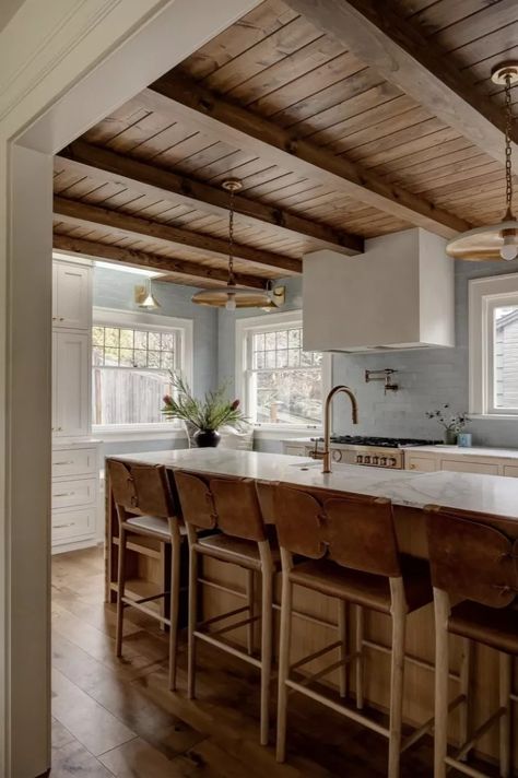 Exposed Ceiling Kitchen, Slab Backsplash Kitchen, Low Ceiling Kitchen, Remodel Interior Design, Coffer Ceiling, Slab Backsplash, Dining Sconces, Designer Nightstand, Dining Pendant