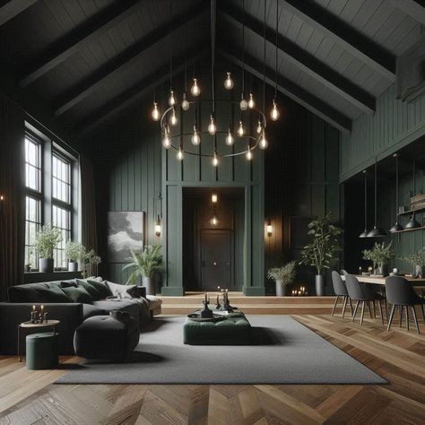 Dark Green House Dark Green And Black House Exterior, Black Ceiling Green Walls, Dark Green Shiplap Wall, Dark Green Shiplap, Dark Green Wall Paint, Dark Green Entryway, Dark Green Ceiling, Dark Green Study, Dark Green House