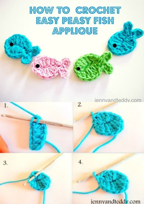 free crochet pattern fish applique by jennyandteddy Crochet Tiny Fish Free Pattern, Crochet Nautical Applique Free Pattern, Crochet Mini Fish, Easy Crochet Applique Patterns Free, Crochet Fish Applique Pattern, Amigurumi Fish Free Pattern, Crochet Fish Applique, Nautical Crochet, Fish Applique