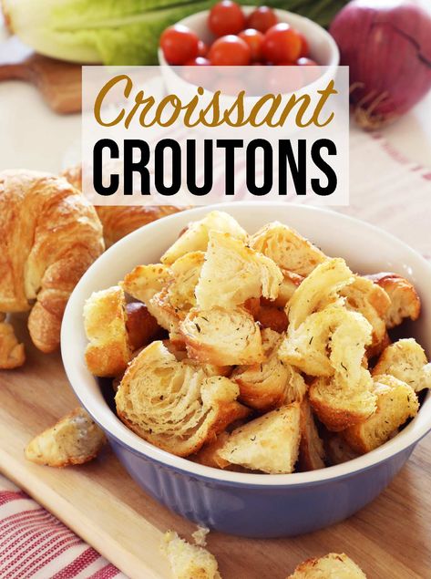 Croissant Croutons has the rich, buttery taste of croissants is a delicious way to elevate the classic crouton for any salad recipe. Soft Croutons Homemade, Croissant Croutons, Dutch Baby Recipe, Strawberry Ice Cream Recipe, Croissant Bread, Butter Croissant, Cheese Crescent Rolls, Prevent Food Waste, Classic Caesar Salad