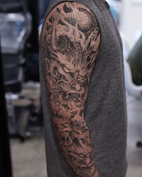 Arm Sleeve Tattoos Dragon, Full Arm Dragon Tattoo Japanese Sleeve, Dragon Tattoo Men Arm Japanese Sleeve, Asian Dragon Tattoo Arm, Chinese Arm Sleeve Tattoo, Dragon Full Arm Tattoo, Dragon Arm Tattoo For Men, Dragon Tattoo Sleeve For Men, Chinese Dragon Tattoos Men