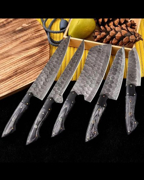 Hand Forged Damascus Steel Chef Set, Kitchen Set, Kitchen Knives Set Best for anniversary gift Damascus Kitchen Knives, Damascus Chef Knives, Bbq Set, Steak Knife Set, Chef Knife Set, Twist Pattern, Leather Roll, Knife Set Kitchen, Steak Knives