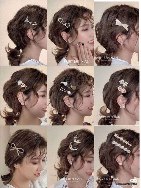 Asian style Hair Clips Hairstyles, Short Hair Accessories, Hair Clip Hairstyles, Hair Inspiration Short, Kawaii Hairstyles, Clip Hairstyles, Hair Tutorials Easy, Short Hair Tutorial, Peinados Fáciles Para Cabello Corto