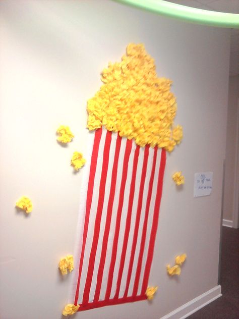 We used red and white streamers for box... yellow tissue paper for popcorn. Tissue Paper Popcorn, Circus Vbs, Popcorn Decorations, Paper Popcorn, Overnight Camp, Summer Preschool Crafts, Diy Popcorn, Cinema Decor, Fair Theme