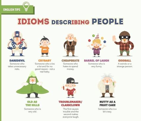 Idioms describing people. Describing People, Idiomatic Expressions, Idioms And Phrases, English Vocab, English Fun, English Language Teaching, English Activities, English Tips, English Idioms