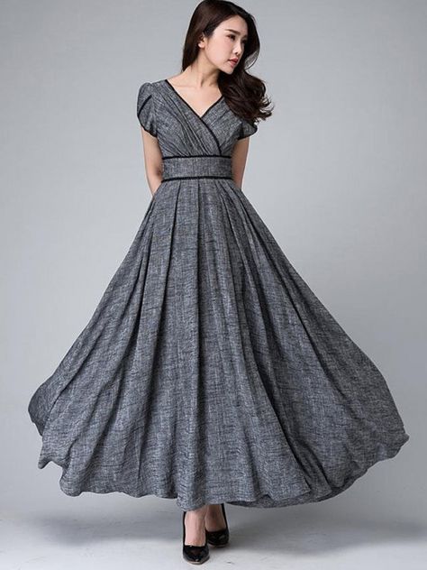 Ericdress Solid Color Patchwork Expansion V-Neck Maxi Dress Gray Maxi Dress, Plain Maxi Dress, Pleated Long Skirt, Garden Party Dress, Grey Maxi Dress, Empire Waist Dress, Empire Dress, Linen Dress, Gray Dress