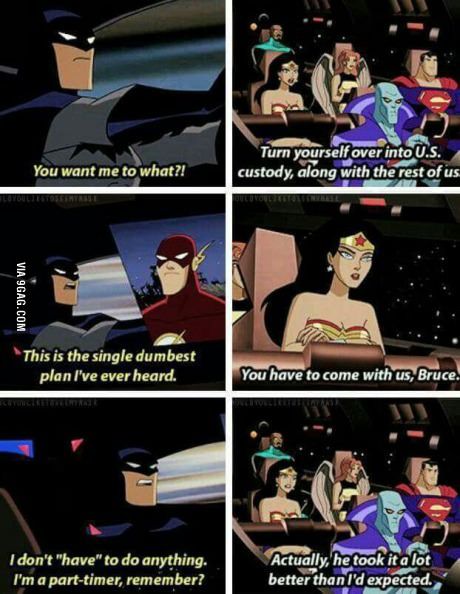 Justice League Funny, Funny Batman, Batman Meme, Justice League Animated, Justice League Unlimited, Batman Wonder Woman, Batman Funny, Batman Comic Art, Dc Memes