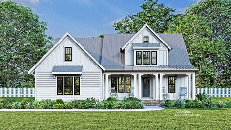 Modern-farmhouse House Plan - 4 Bedrooms, 2 Bath, 2436 Sq Ft Plan 85-1089 Farmhouse Cottage House Plans, Farmhouse Craftsman, White Siding, Standing Seam Metal Roof, Living Better, Country Modern, Farmhouse Style House Plans, Flex Room, Farmhouse House