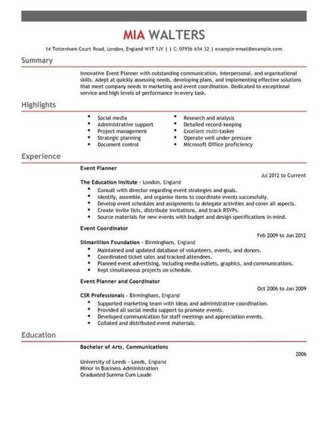 Event Planner CV Template | CV Samples & Examples Event Planner Resume, Best Cv, Planning School, Marketing Examples, Sample Resume Templates, Event Planning Career, Event Planning Quotes, Event Planning Template, Resume Template Examples