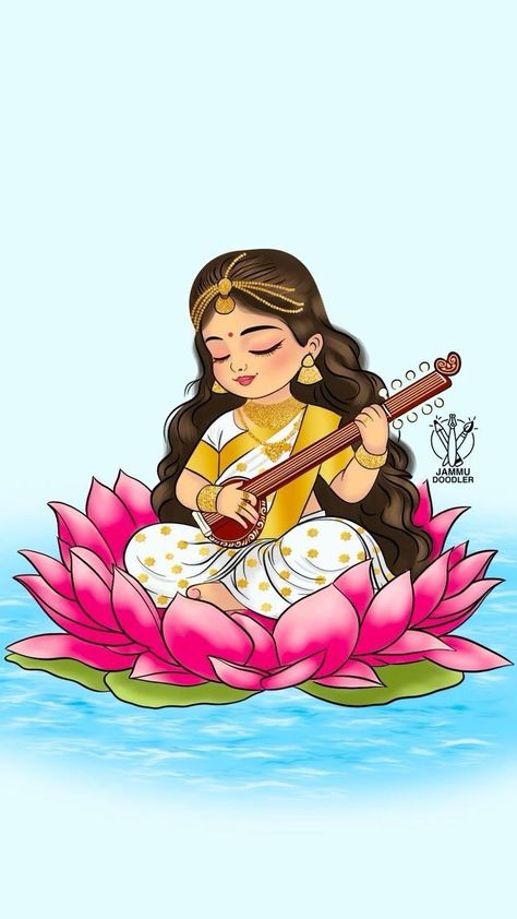 Baby Saraswati Goddess, Navratri Devi Rangoli, Ma Saraswati Drawing, Maa Saraswati Wallpapers, Ma Saraswati Images, Vishnu Rangoli, Indian Goddess Illustration, Cute God Images, Saraswati Aesthetic