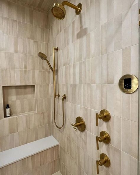 Bedrosians Tile and Stone on Instagram: "Neutral tones + textures in this bathroom create a warm and inviting feel! Shower Tile: Makoto 2.5x10 in Tatami Beige Designed by @ainslie_design_studio" Tan Shower Tile, Beige Shower Tile Ideas, Tan Tile Bathroom Ideas, Beige Shower Tile, Beige Bathroom Tile, Bathroom Demo, Shower Redo, Beige Tile Bathroom, Tan Bathroom