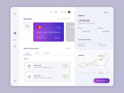 A dashboard design shows credit card transaction details.   Follow for more | RapidGems  Behance | Uplabs| Instagram Dashboard Design Template, Credit Card Website, Marketing Dashboard, Dashboard Interface, Plant App, Ui Design Dashboard, Card Ui, Excel Budget Template, Business Card Design Inspiration