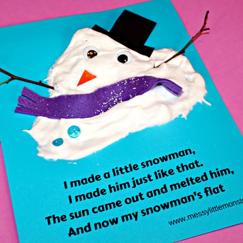 An easy melted snowman kids craft and printable poem using a simple puffy paint recipe that uses shaving foam and glue. A fun snow or winter art or literacy project for toddlers and preschoolers as well as older kids. January Crafts For Kids Toddlers, Themes For January Preschool, Snowman Melted Craft, Snowman Craft Ideas For Kids, Melted Snowman Activity, Snowman Process Art Preschool, Prek Snowman Crafts, Christmas Puffy Paint, My Snowman Melted Because