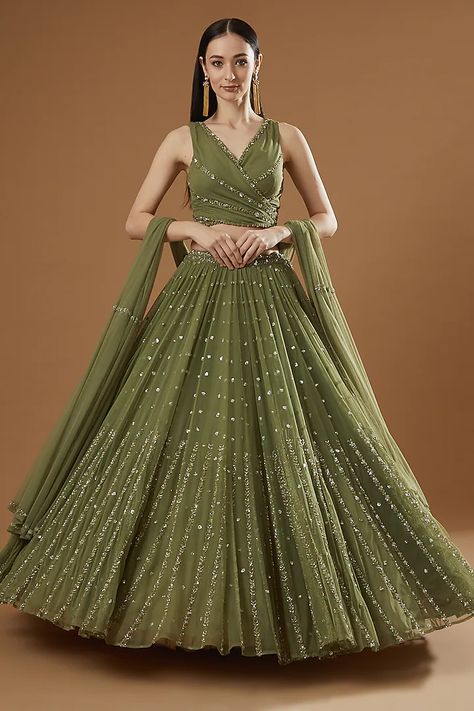 Olive Green Net & Crepe Flared Lehenga Set Design by Astha Narang at Pernia's Pop Up Shop 2023 Botas Outfit, Green Lehenga Choli, Reception Gowns, Bridesmaid Lehenga, Indian Lehenga Choli, Floral Lehenga, Reception Lehenga, Party Wear Lehenga Choli, Green Lehenga