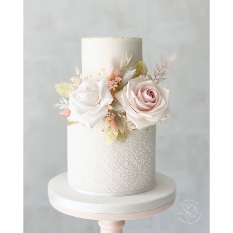 Prettiest Wedding Cakes, Wedding Cake Setup, Two Tier Wedding Cake, Rose Gold Wedding Cakes, Rose Gold Cake, Rachel Miller, Edible Gold Leaf, Pretty Wedding Cakes, Banff Wedding