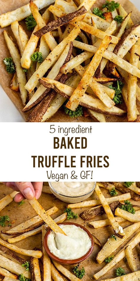 These easy & simple crispy baked truffle fries are vegan, gluten-free, & require no frying! They are made with russet potatoes and served with a vegan aioli as a dipping sauce. Garlic truffle french fries are the best oven crispy baked fries to make! #sgtoeats #bakedfries #trufflefries Truffles Fries, Truffle And Parmesan Fries, Truffle French Fries, Truffle Oil Fries, French Fries Truffle, Vegan Aioli, Vegan Truffles, Best Vegan Desserts, Truffle Fries