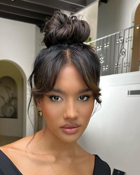 Bangs Updo, High Bun Hairstyles, Guest Hair, Wedding Guest Hairstyles, Long Hair With Bangs, Fancy Hairstyles, Curtain Bangs, Top Knot, Hair Updos