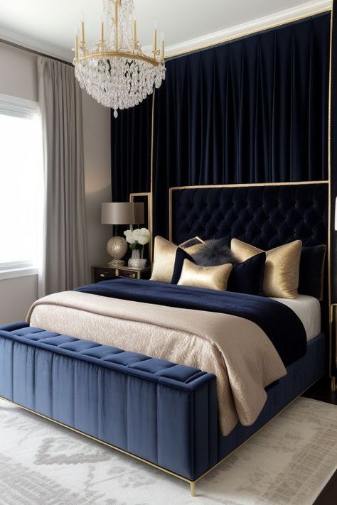 Guest Bedroom Ideas Blue, Master Bedrooms Decor Cozy Romantic, Modern Bedroom Ideas For Men, Navy Gold Bedroom, Modern Mens Bedroom, Royal Blue Bedrooms, Bedroom Ideas Blue, Blue And Gold Bedroom, Master Bedrooms Decor Cozy