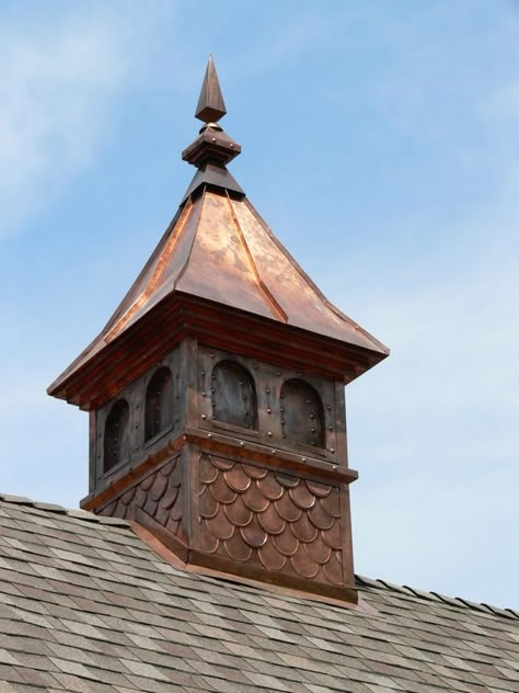 Copper Cupola                                                       … Cupola With Windows, Copper Cupola, Cupalos Ideas, Barn Cupola, Chimney Design, Chimney Cap, Weather Vanes, Copper Roof, Standing Seam