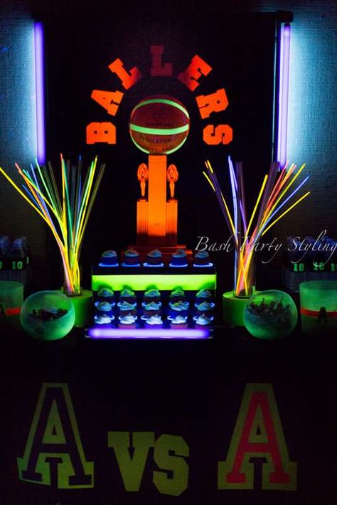 Basketball, glow in the dark Birthday Party Ideas | Photo 13 of 18 | Catch My Party Dark Birthday Party, Glow In The Dark Birthday, Basketball Banquet, Dark Birthday, Black Light Party, Glow Stick Party, Ball Birthday Parties, Basketball Birthday Parties, Glow In The Dark Party