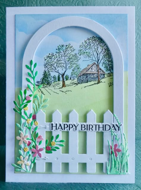 Gate Cards Ideas, Cards With Fences, Arches With Flowers, Cards With Fences And Flowers, Doris Designs, The Greetery Floral Arches, Fence Cards, Handmade Greeting Card Designs, Flowers Growing