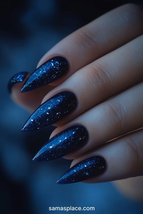 Accents Dark Blue Winter Nails Acrylic, Deep Purple Sparkle Nails, Blue Purple Black Nails, Holiday Glass Nails, Lighting Nails Designs, Blue Sparkly Nail Ideas, Trendy Nails Ideas 2024 Winter, Jewel Tone Nail Colors, Dark Blue New Years Nails