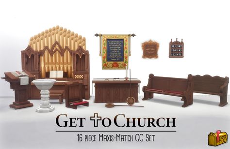 Get to Church Stuff Pack | Amanda Livingstone (aka pandorasimbox) on Patreon Sims 4 Church, Lotes The Sims 4, Sims 4 Decades Challenge, Decorative Wall Sculpture, Sims Medieval, Die Sims 4, Church Furniture, Pipe Organ, Church Outfit