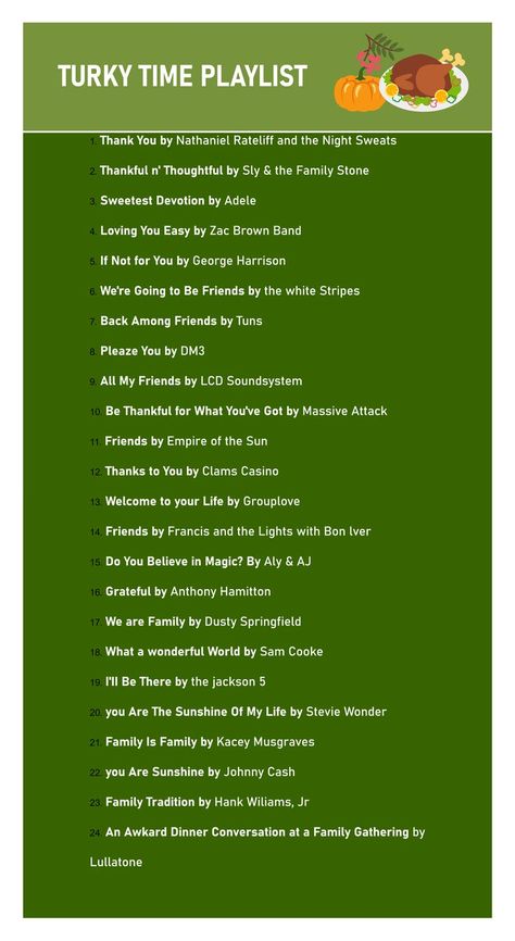 This diagrams illustrates the Thanksgiving playlist for giving you inspiration and reference in this special day to welcome guests and families. Learn more details from this Thanksgiving playlist, and try to make your Thanksgiving diagrams with ease now! Thanksgiving Playlist Music, Thanksgiving Playlist, Thanksgiving Music, Thanksgiving Templates, Fall Playlist, Clams Casino, Thanksgiving Songs, Thanksgiving Friendsgiving, Christmas Playlist