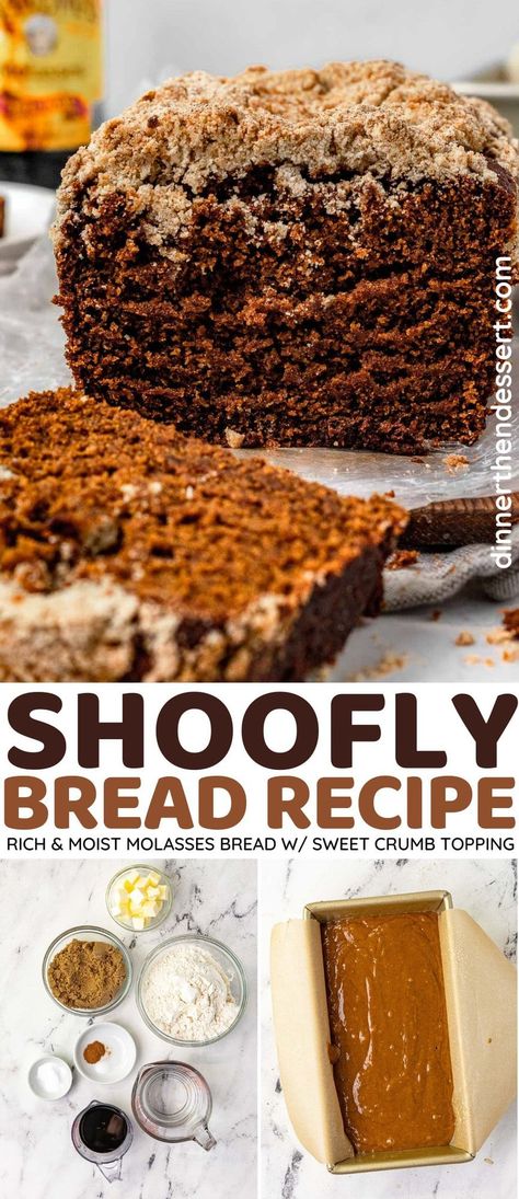 Shoofly Bread is a quick bread with the warm sweet flavors of the classic pie made with molasses, brown sugar, cinnamon, and crumb topping. Molasses Bread Sweet, Gluten Free Molasses Bread, Molasses Sourdough Bread, Sourdough Gingerbread Loaf, Bread Machine Quick Bread Recipes, Sourdough Molasses Brown Bread, Molasses Desserts, Molasses Loaf, Recipes With Molasses